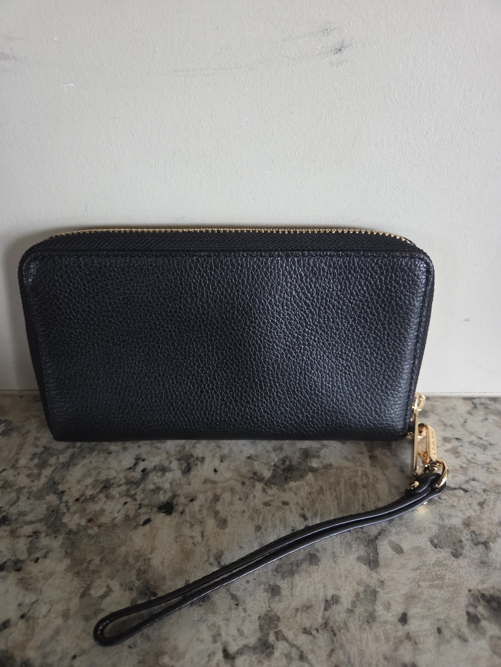 Michael Kors Black Leather Wristlet with Gold MK Emblem - Picture 2 of 5